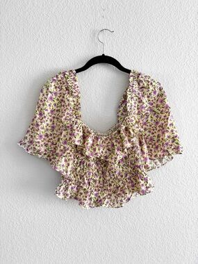 Zara Floral ruffle smocked crop top Puffed Sleeves coquette Cottagecore